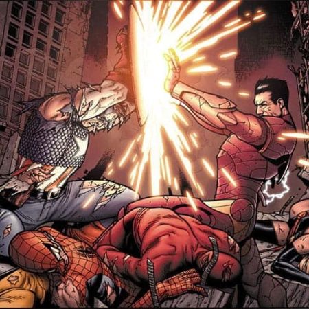 Captain America blocking the lasers from Iron Man